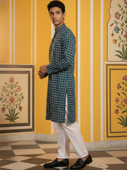 Embroidered Cotton Blend Kurta with Pyjama ( 65KP P 5463Sea-Green S ) [FF] [H-10]