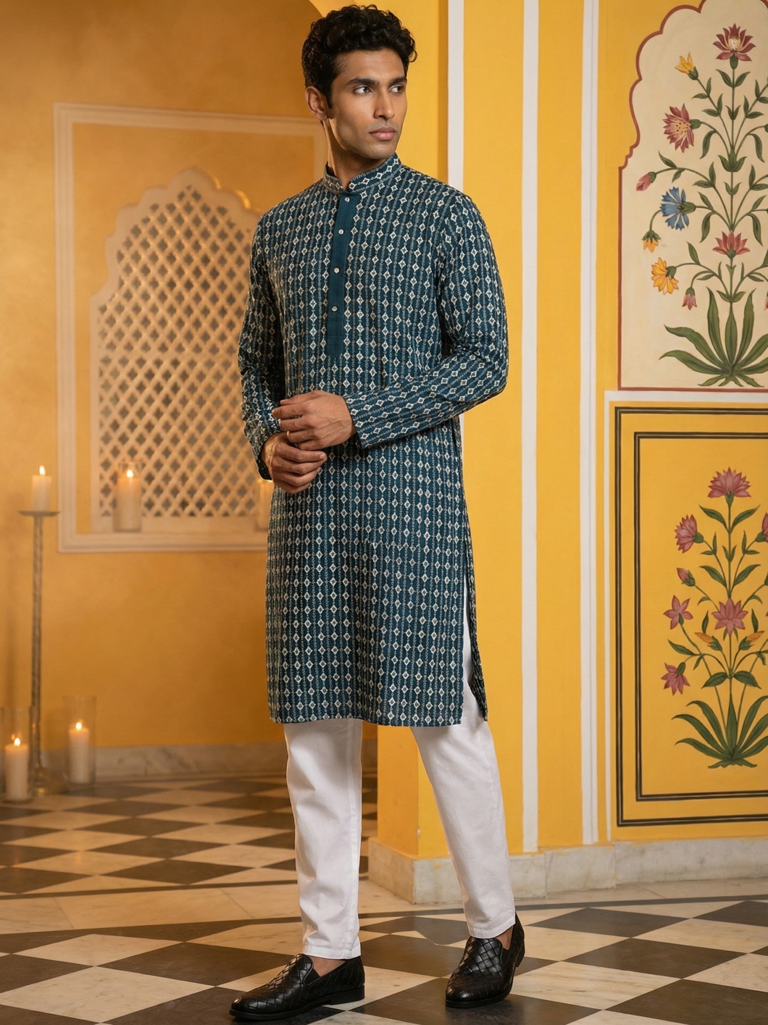 DesiQlo Men Embroidered Kurta Pyjama Set - Multicolor - 65KP_P_5463Sea