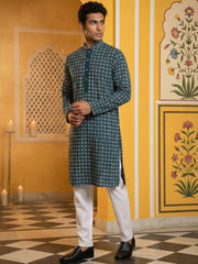 Embroidered Cotton Blend Kurta with Pyjama ( 65KP P 5463Sea-Green S ) [FF] [H-10]