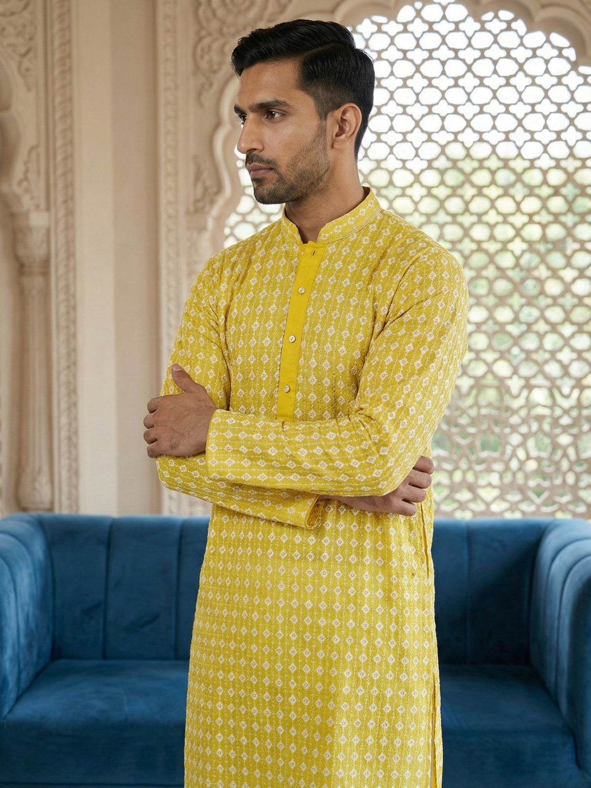 Embroidered Cotton Blend Kurta with Pyjama ( 65KP 5463Yellow S ) [FF] [H-10]