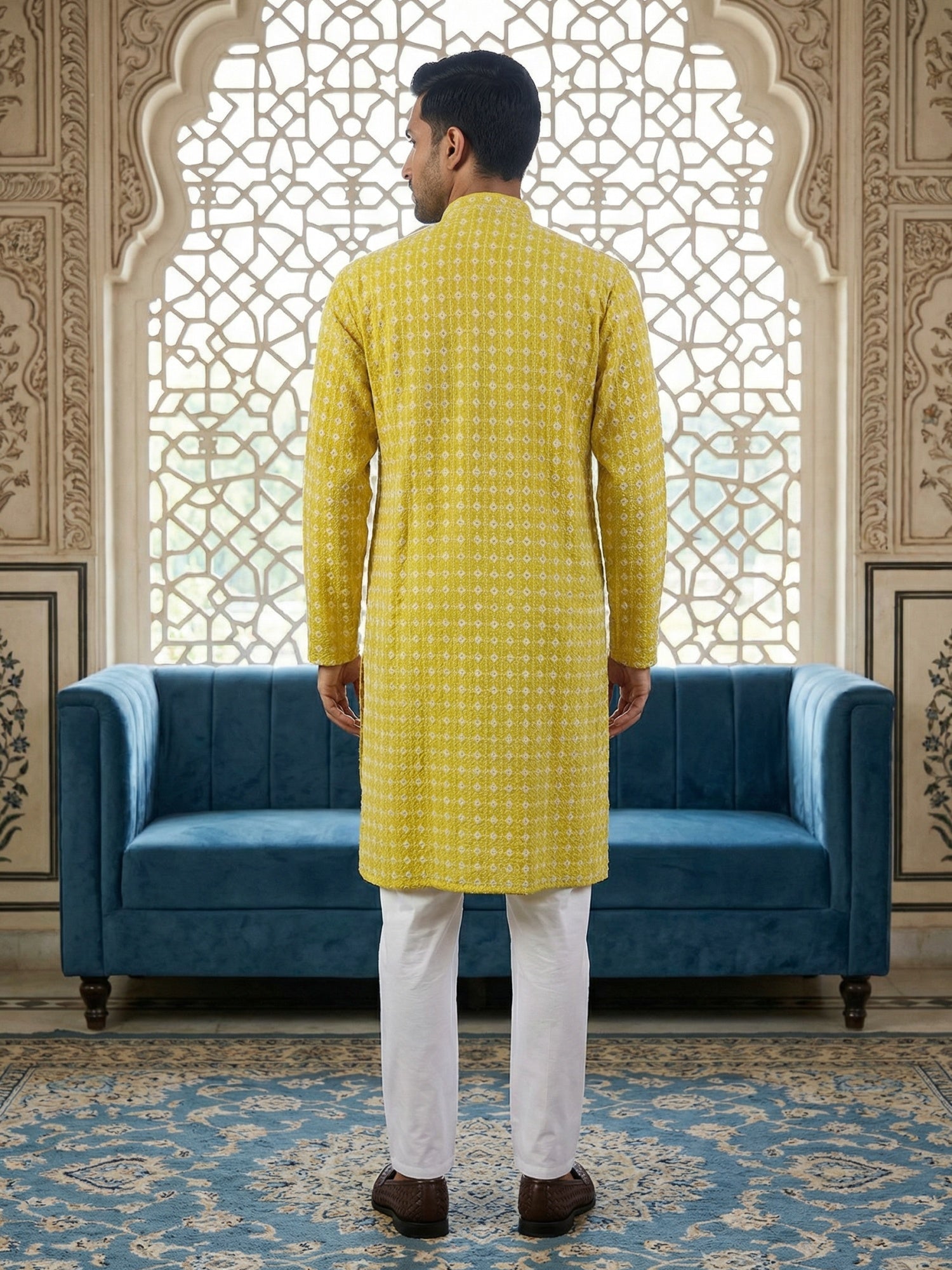 DesiQlo Men Embroidered Kurta Pyjama Set - Yellow - 65KP_5463Yellow_S