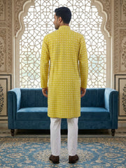 Embroidered Cotton Blend Kurta with Pyjama ( 65KP 5463Yellow S ) [FF] [H-10]