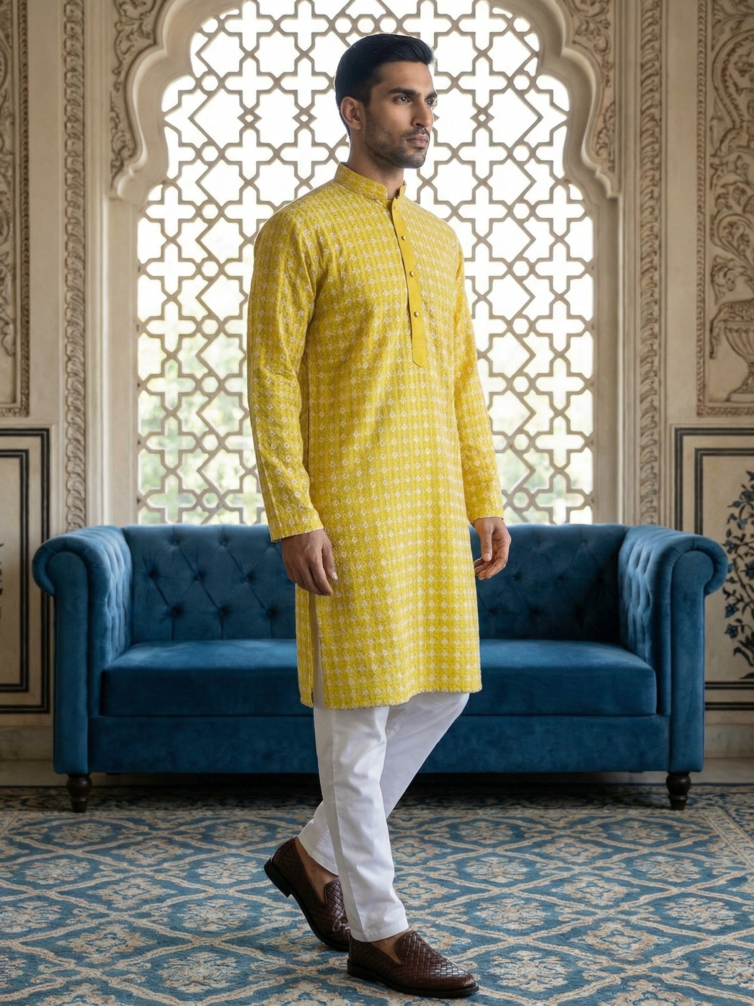 DesiQlo Men Embroidered Kurta Pyjama Set - Yellow - 65KP_5463Yellow_S