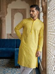 Embroidered Cotton Blend Kurta with Pyjama ( 65KP 5463Yellow S ) [FF] [H-10]