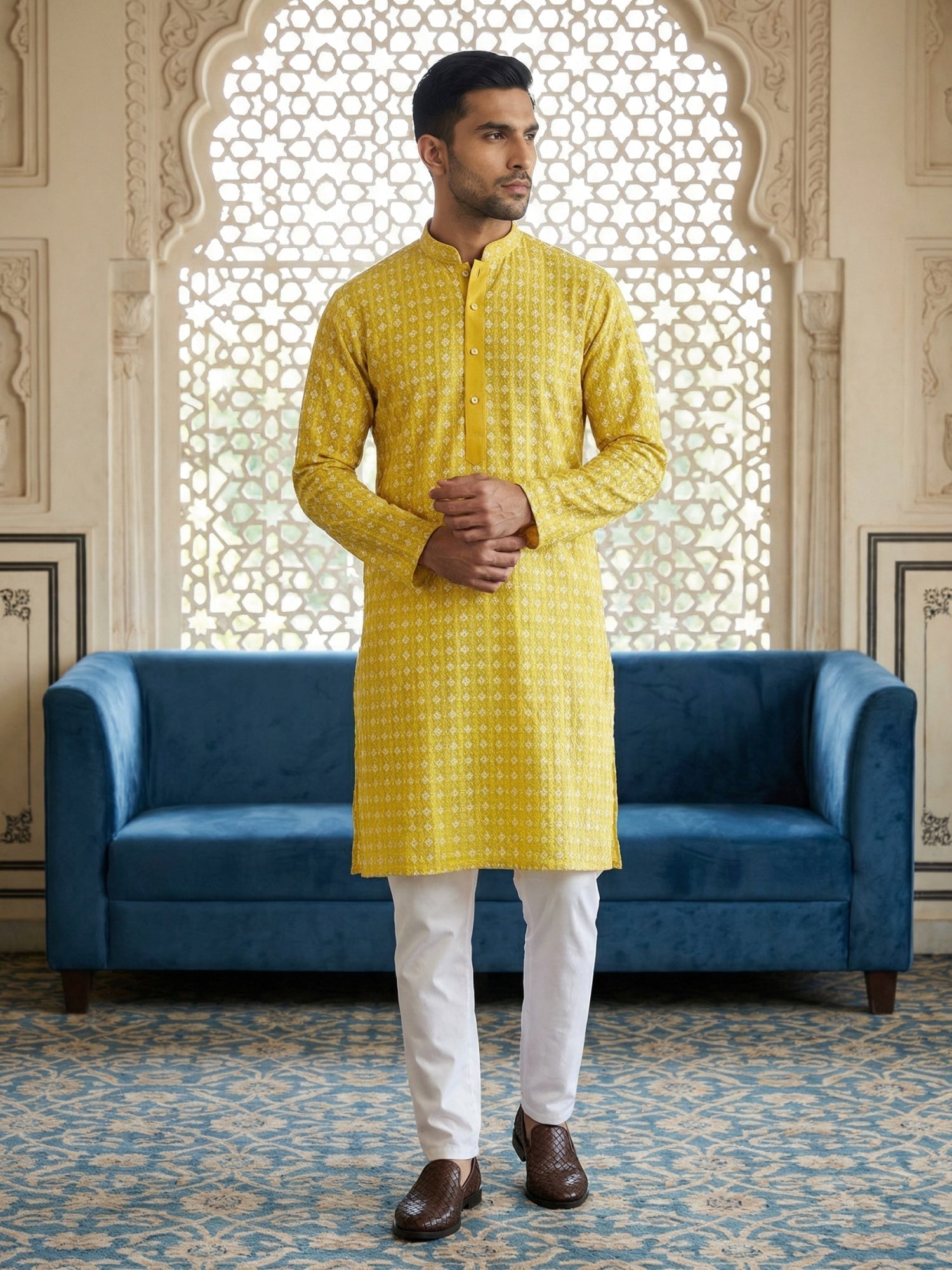 DesiQlo Men Embroidered Kurta Pyjama Set - Yellow - 65KP_5463Yellow_S