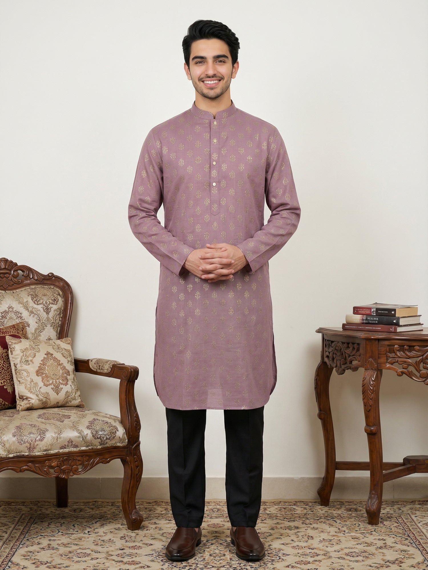 DesiQlo Men Printed Kurta Pyjama Set - Pink - 65KP_B-P_5464Magenta_S