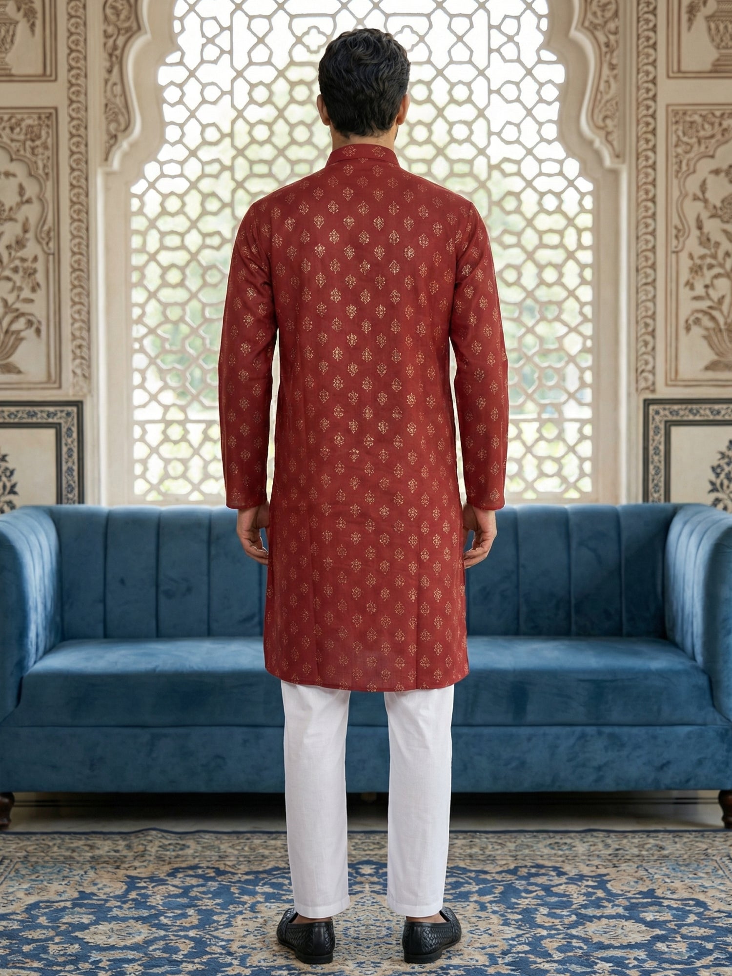 DesiQlo Men Printed Kurta Pyjama Set - Maroon - 65KP_P_5464Maroon_S