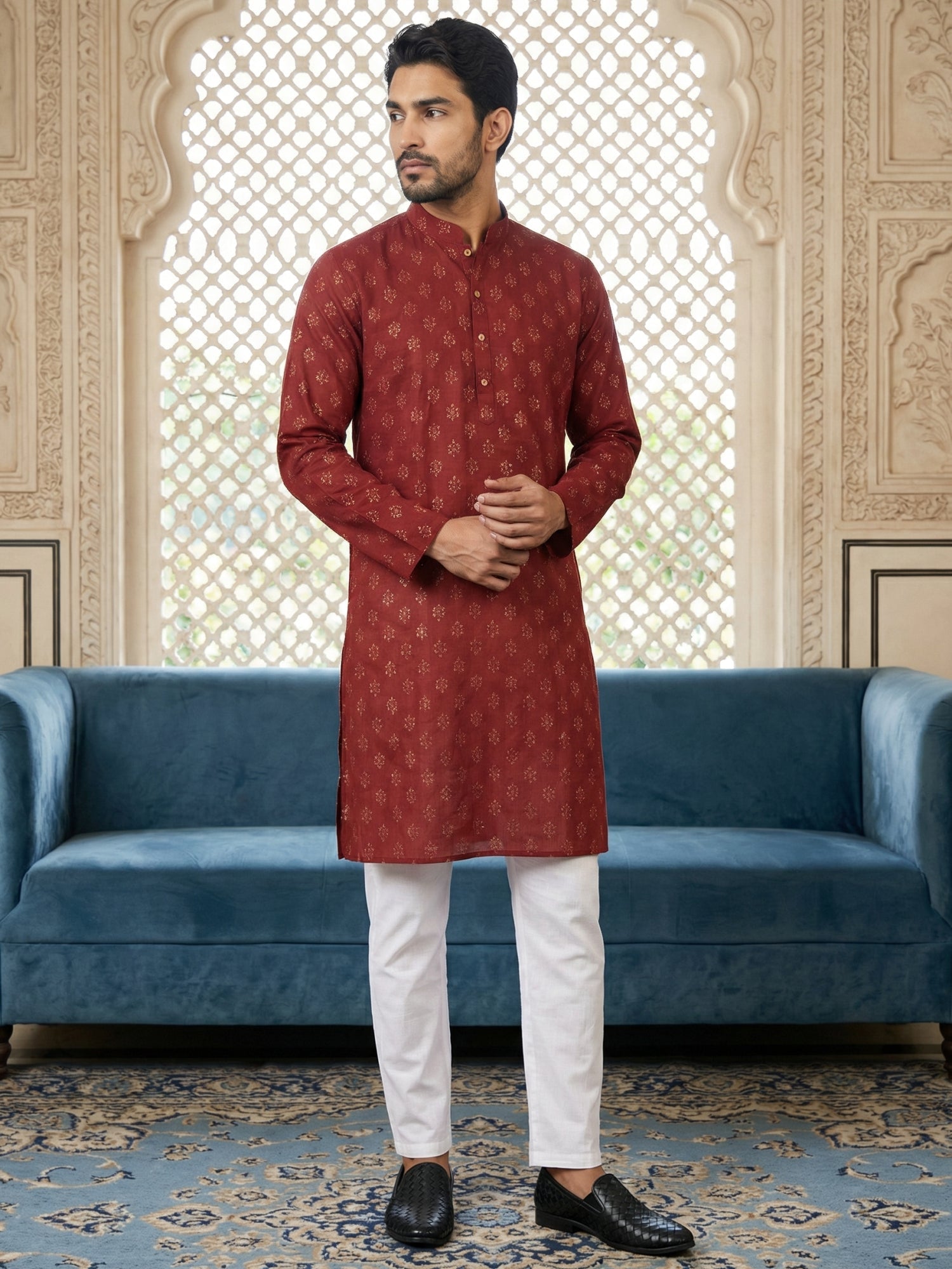 DesiQlo Men Printed Kurta Pyjama Set - Maroon - 65KP_P_5464Maroon_S