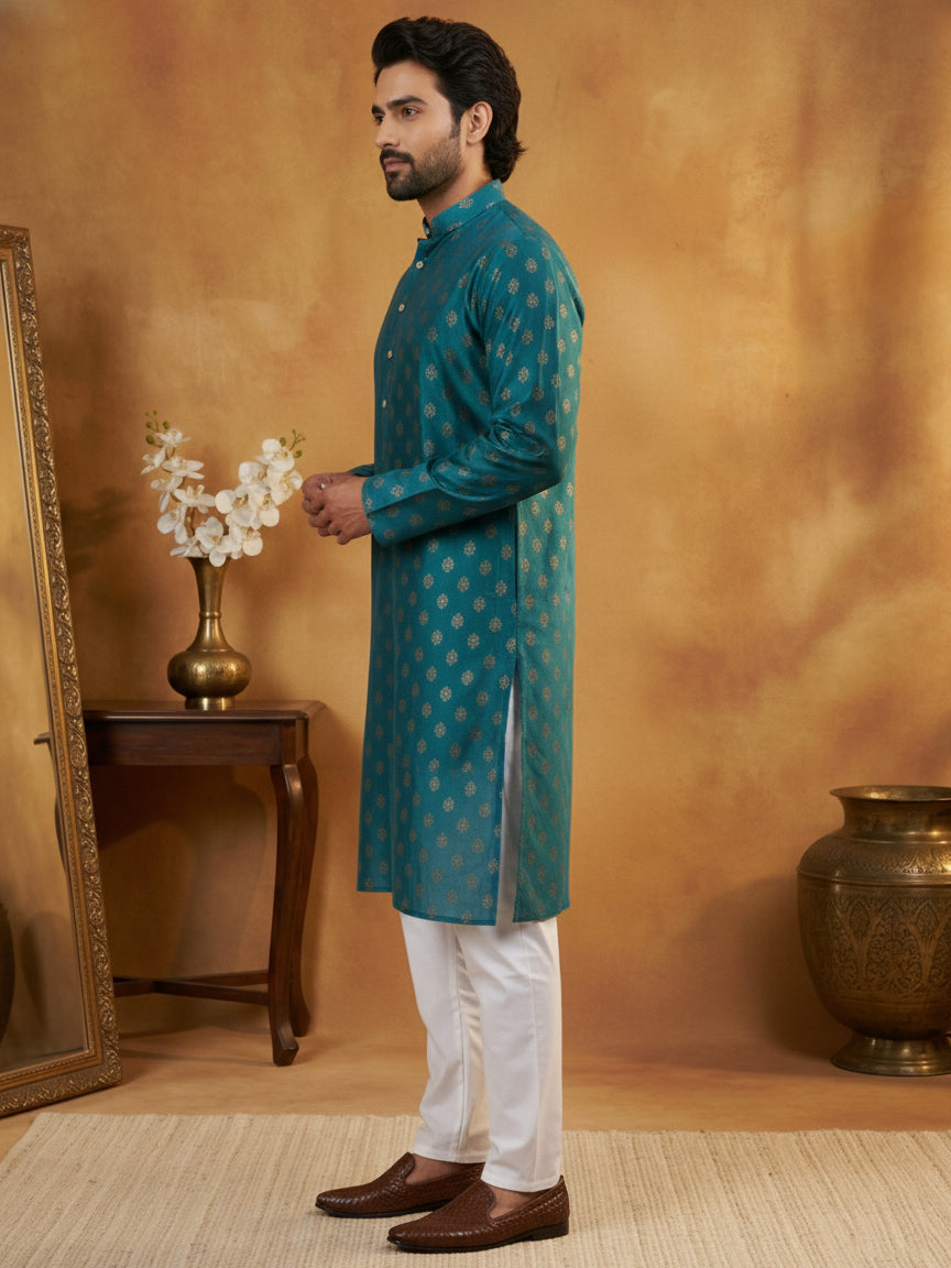 DesiQlo Men Printed Kurta Pyjama Set - Multicolor - 65KP_P_5464Peacock