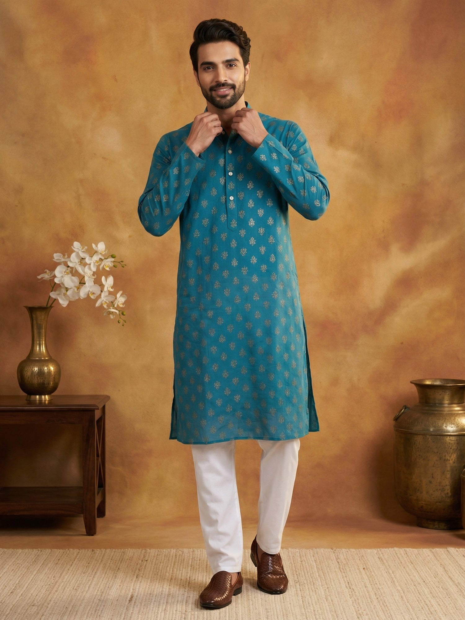 DesiQlo Men Printed Kurta Pyjama Set - Multicolor - 65KP_P_5464Peacock