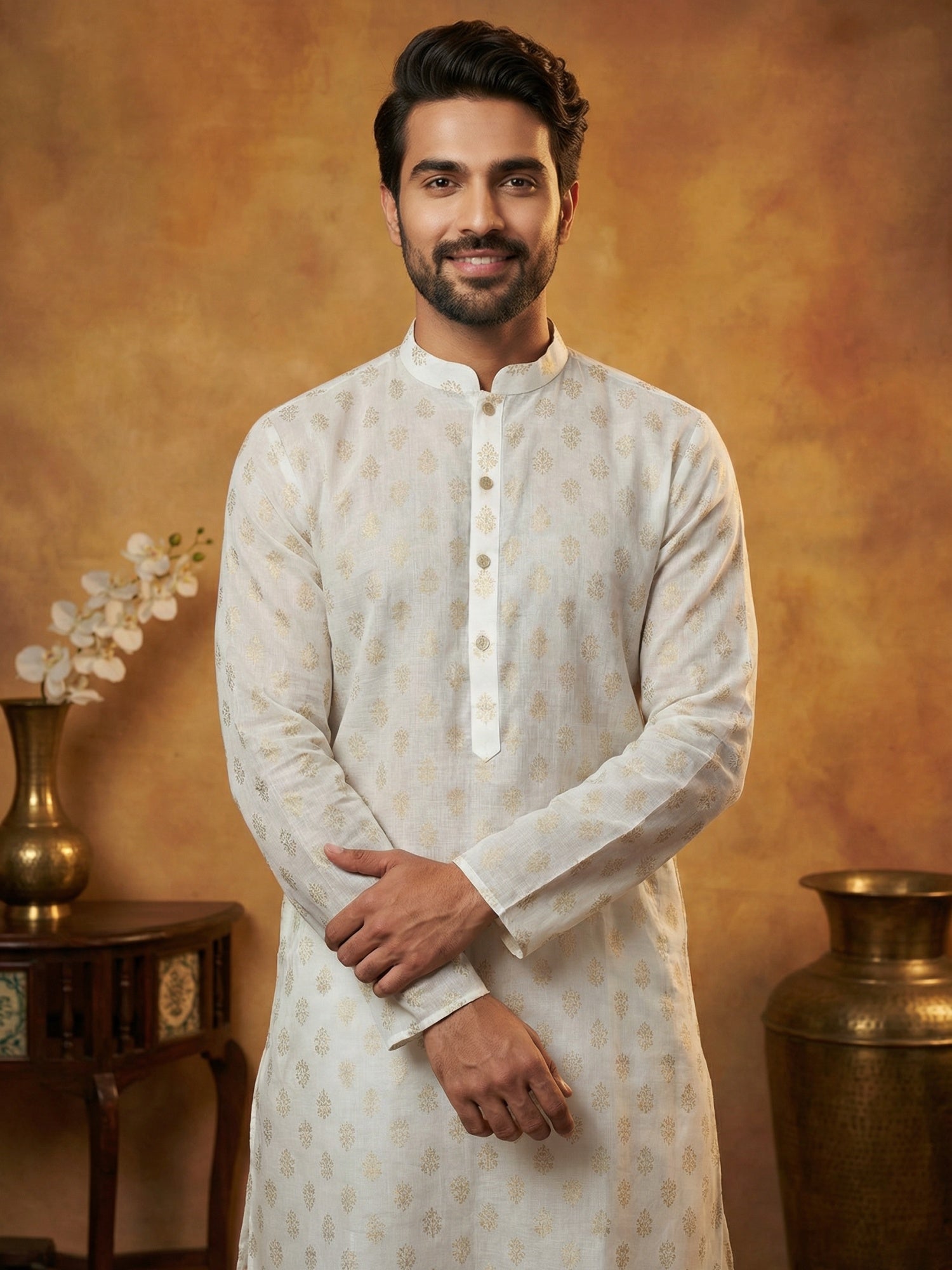 DesiQlo Men Printed Kurta Pyjama Set - White - 65KP_P_5464White_S