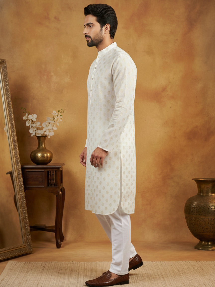 DesiQlo Men Printed Kurta Pyjama Set - White - 65KP_P_5464White_S