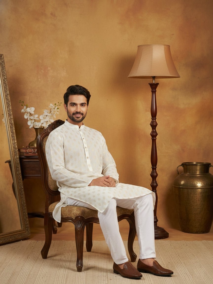 DesiQlo Men Printed Kurta Pyjama Set - White - 65KP_P_5464White_S