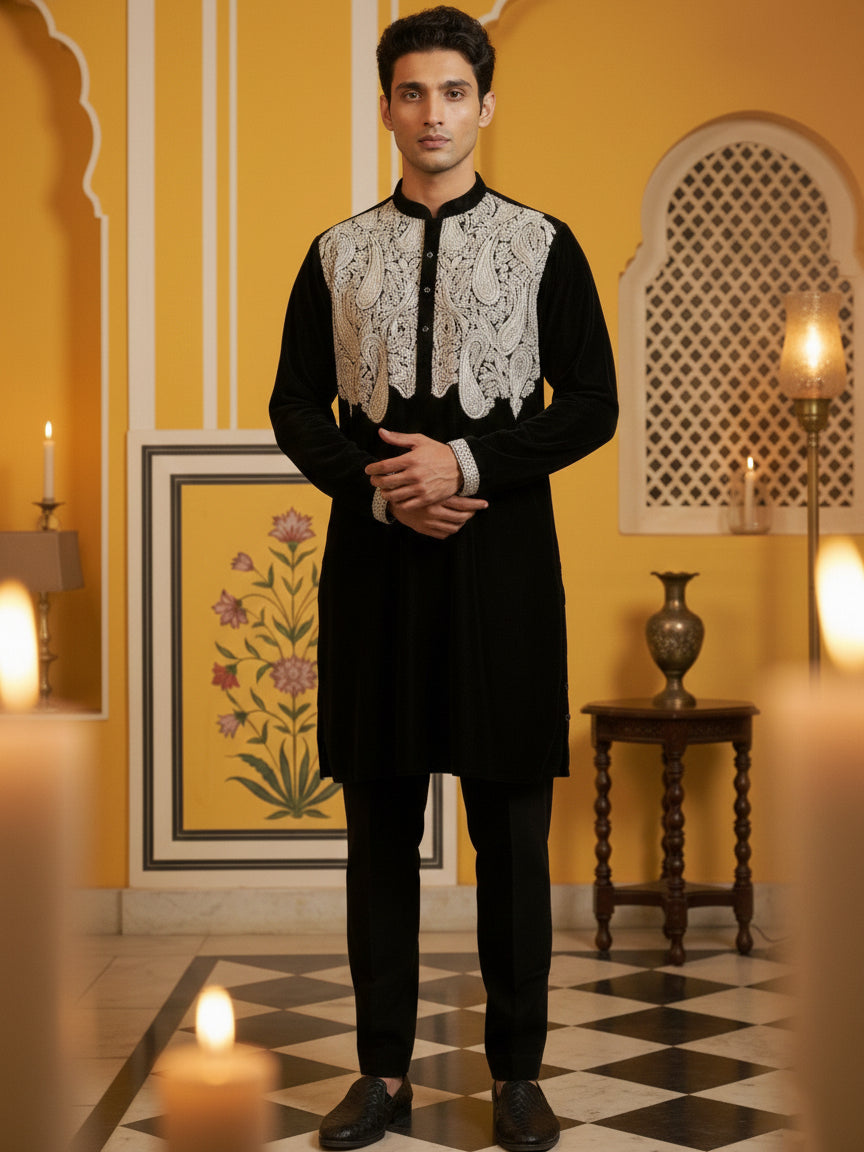 DesiQlo Men Embroidered Kurta Pyjama Set - Black - 65KP_P_5465Black_S