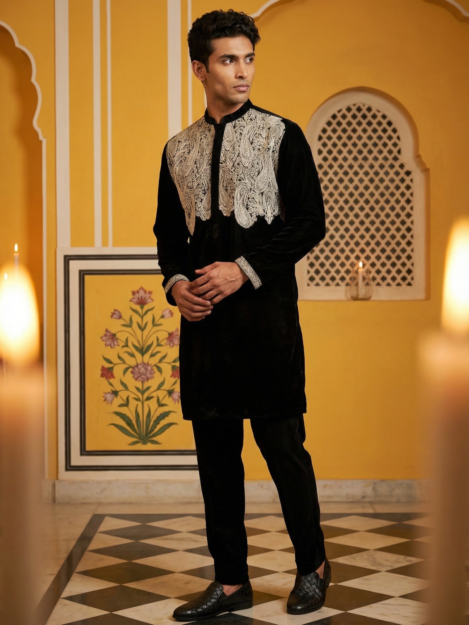 DesiQlo Men Embroidered Kurta Pyjama Set - Black - 65KP_P_5465Black_S