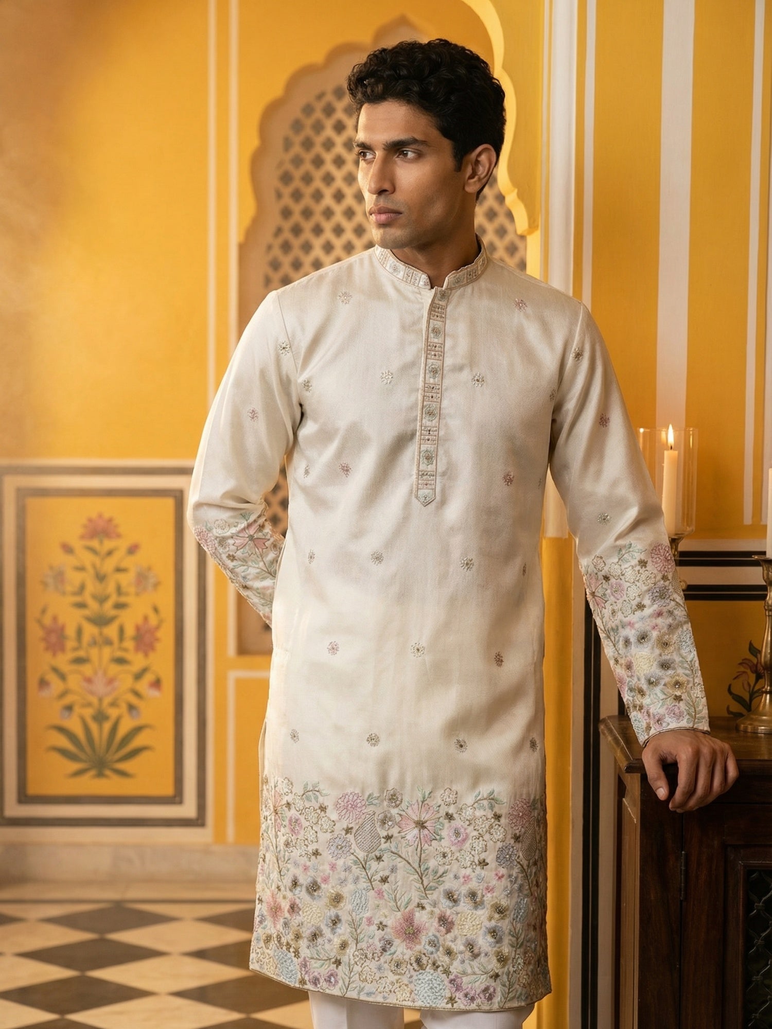 DesiQlo Men Embroidered Kurta Pyjama Set - White - 65KP_P_5466White_S