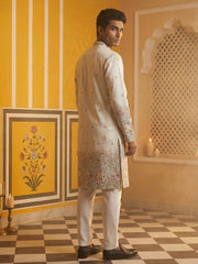 Men Silk Blend Embroidered Kurta Pyjama Set ( 65KP P 5466White S ) [FF] [Q-11-14]