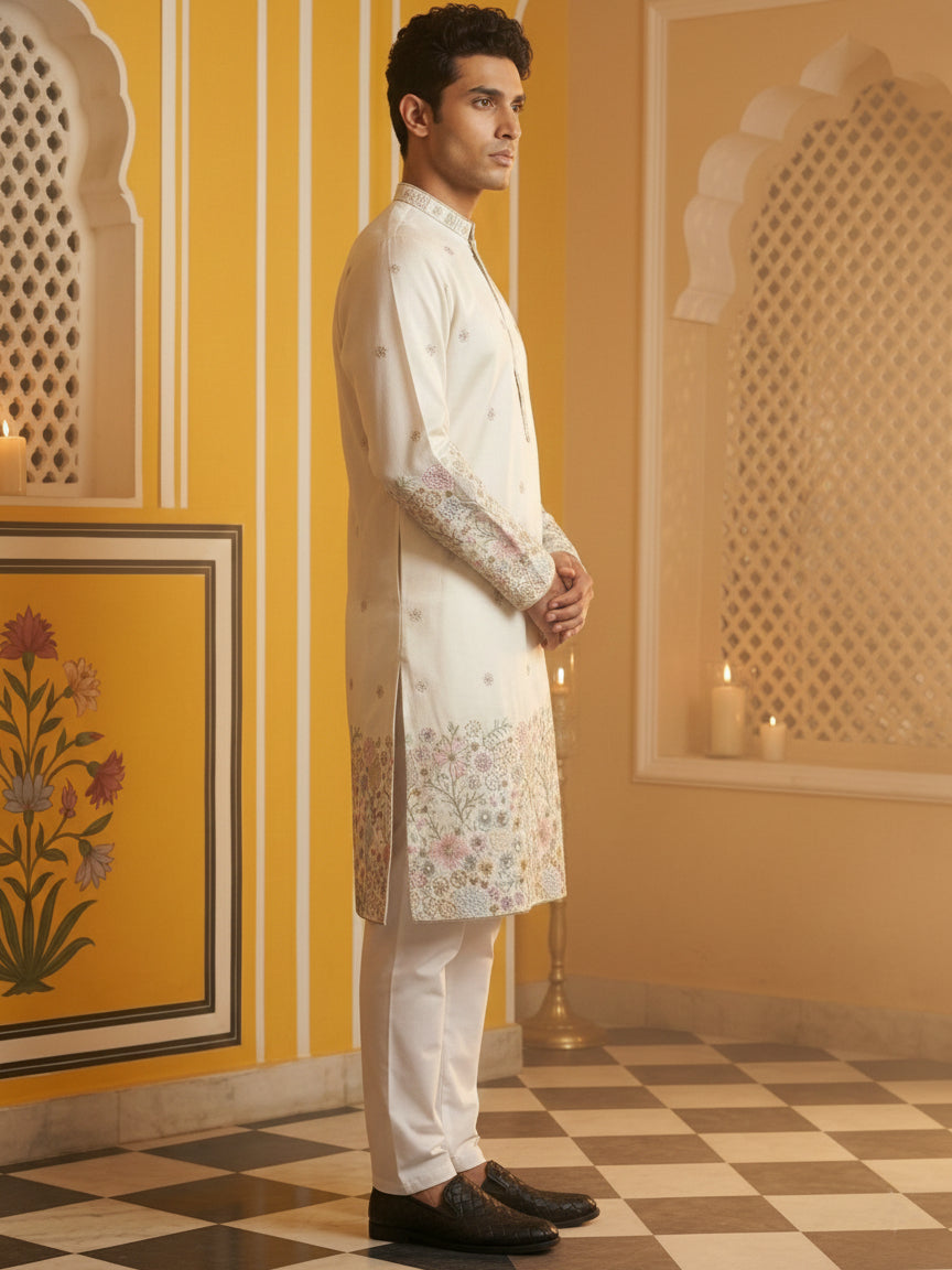 DesiQlo Men Embroidered Kurta Pyjama Set - White - 65KP_P_5466White_S