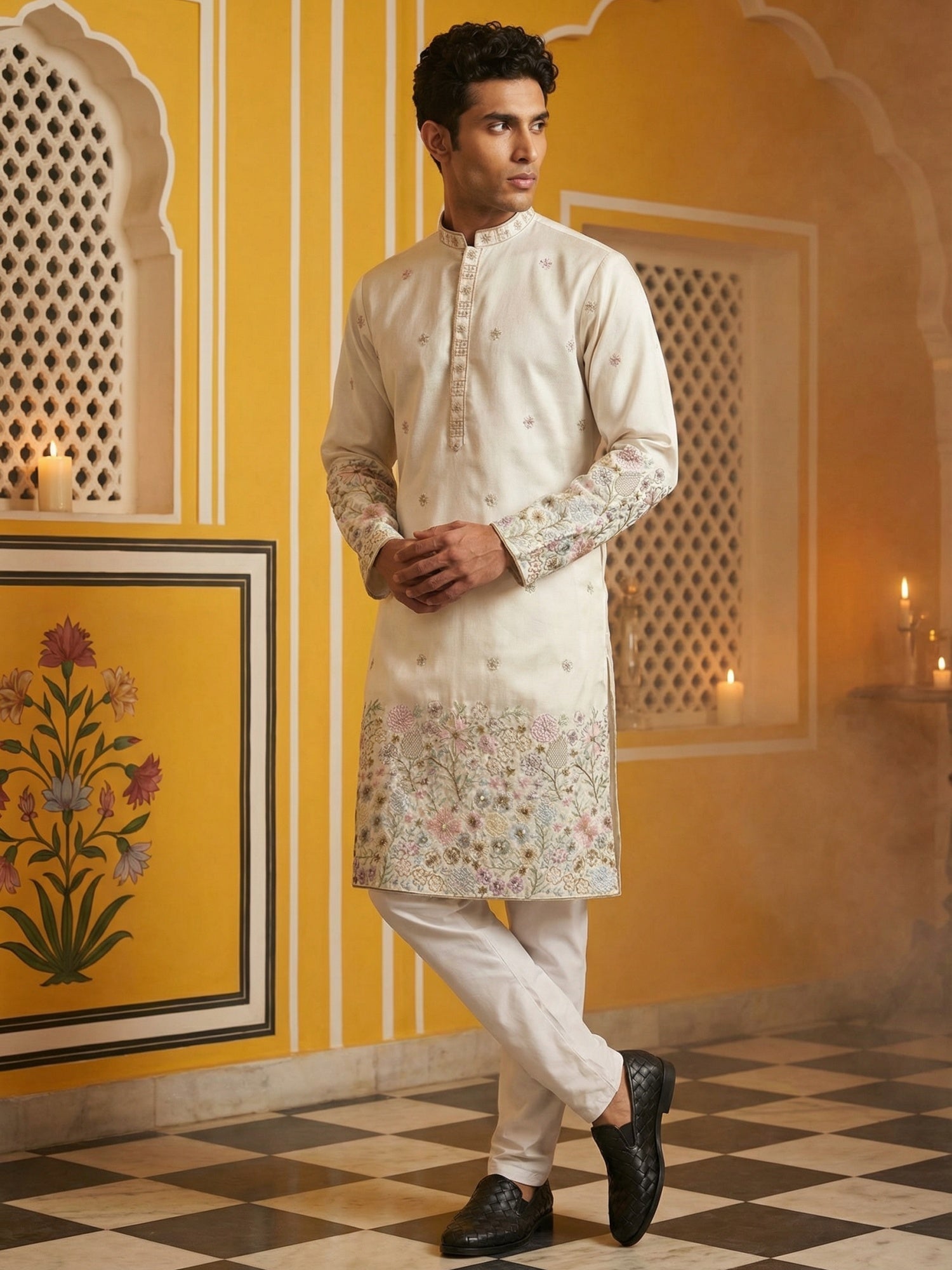 DesiQlo Men Embroidered Kurta Pyjama Set - White - 65KP_P_5466White_S