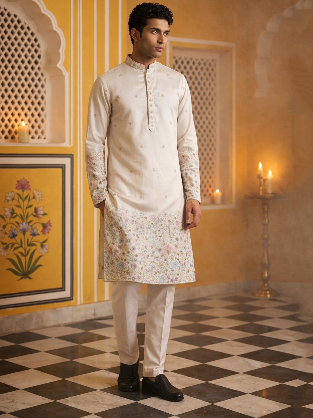 DesiQlo Men Embroidered Kurta Pyjama Set - White - 65KP_P_5466White_S