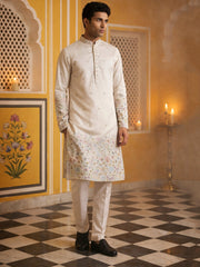 Men Silk Blend Embroidered Kurta Pyjama Set ( 65KP P 5466White S ) [FF] [Q-11-14]