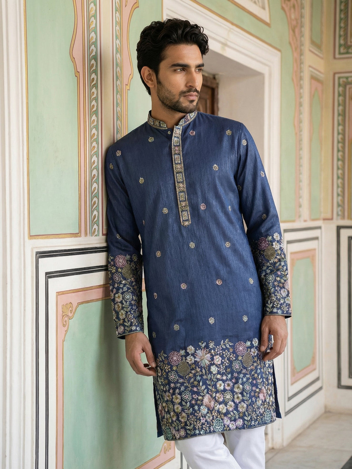 Men Silk Blend Embroidered Kurta Pyjama Set ( 65KP P 5466Navy ) [FF] [Q-11-14]