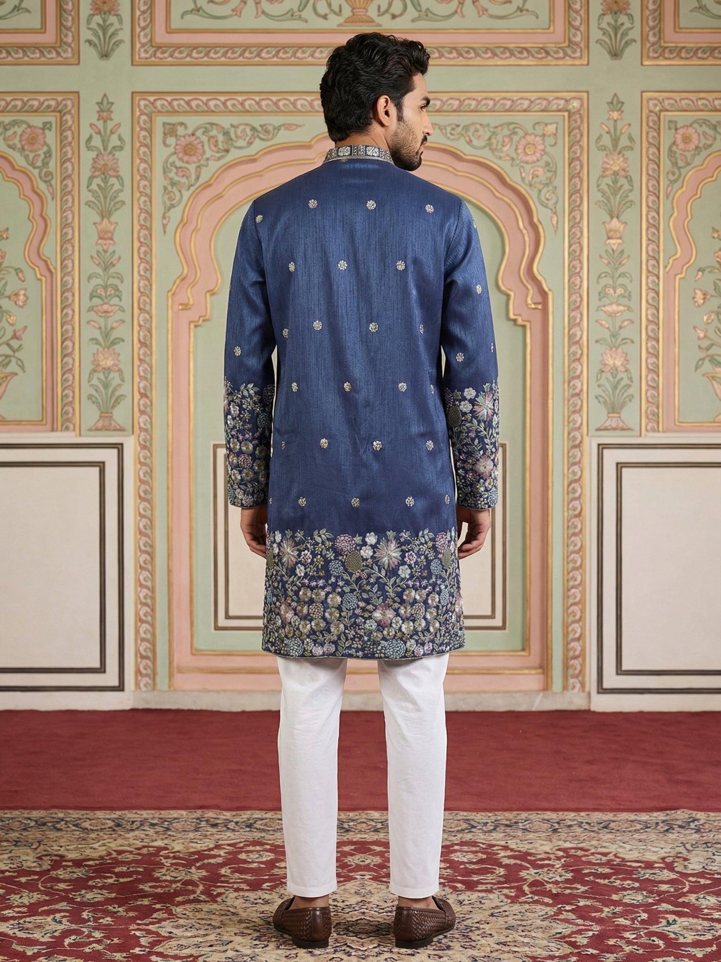 DesiQlo Men Embroidered Kurta Pyjama Set - Blue - 65KP_P_5466Navy_S