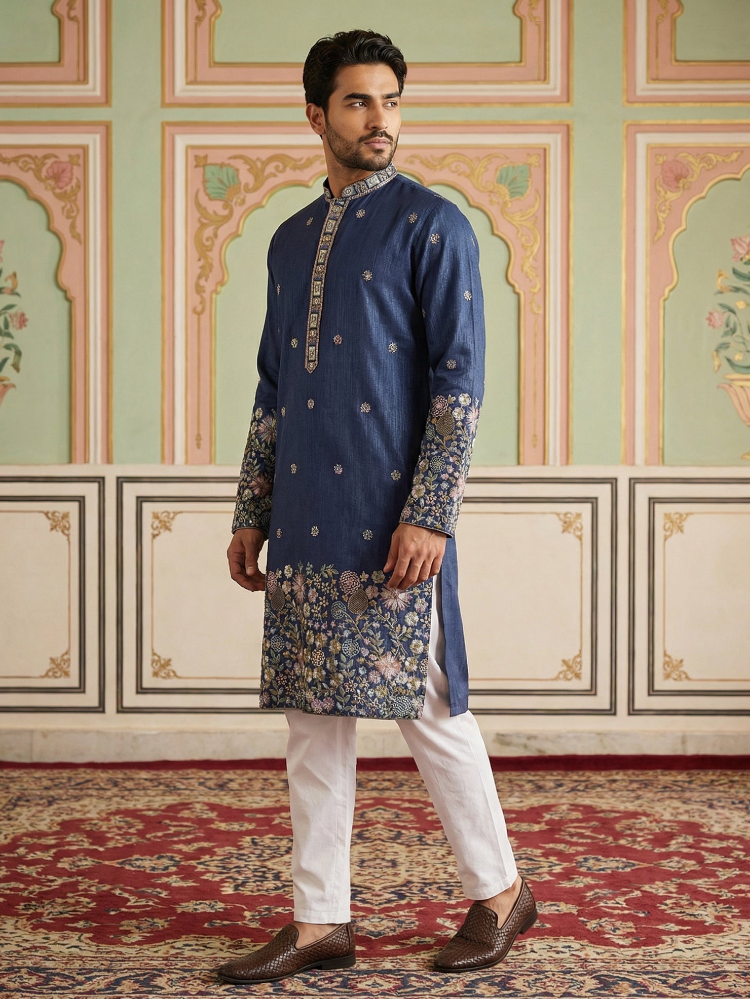 DesiQlo Men Embroidered Kurta Pyjama Set - Blue - 65KP_P_5466Navy_S