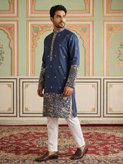 Men Silk Blend Embroidered Kurta Pyjama Set ( 65KP P 5466Navy ) [FF] [Q-11-14]