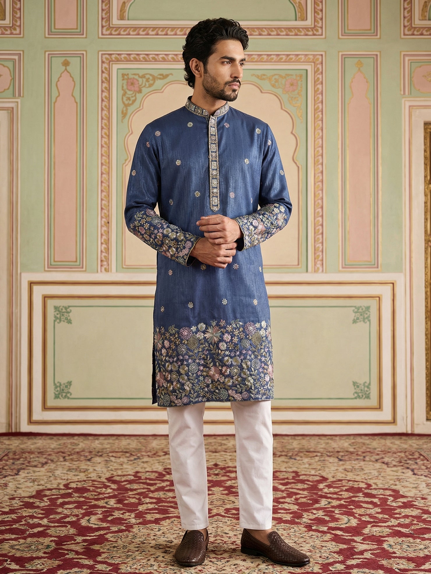 DesiQlo Men Embroidered Kurta Pyjama Set - Blue - 65KP_P_5466Navy_S