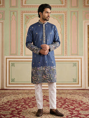 Men Silk Blend Embroidered Kurta Pyjama Set ( 65KP P 5466Navy ) [FF] [Q-11-14]