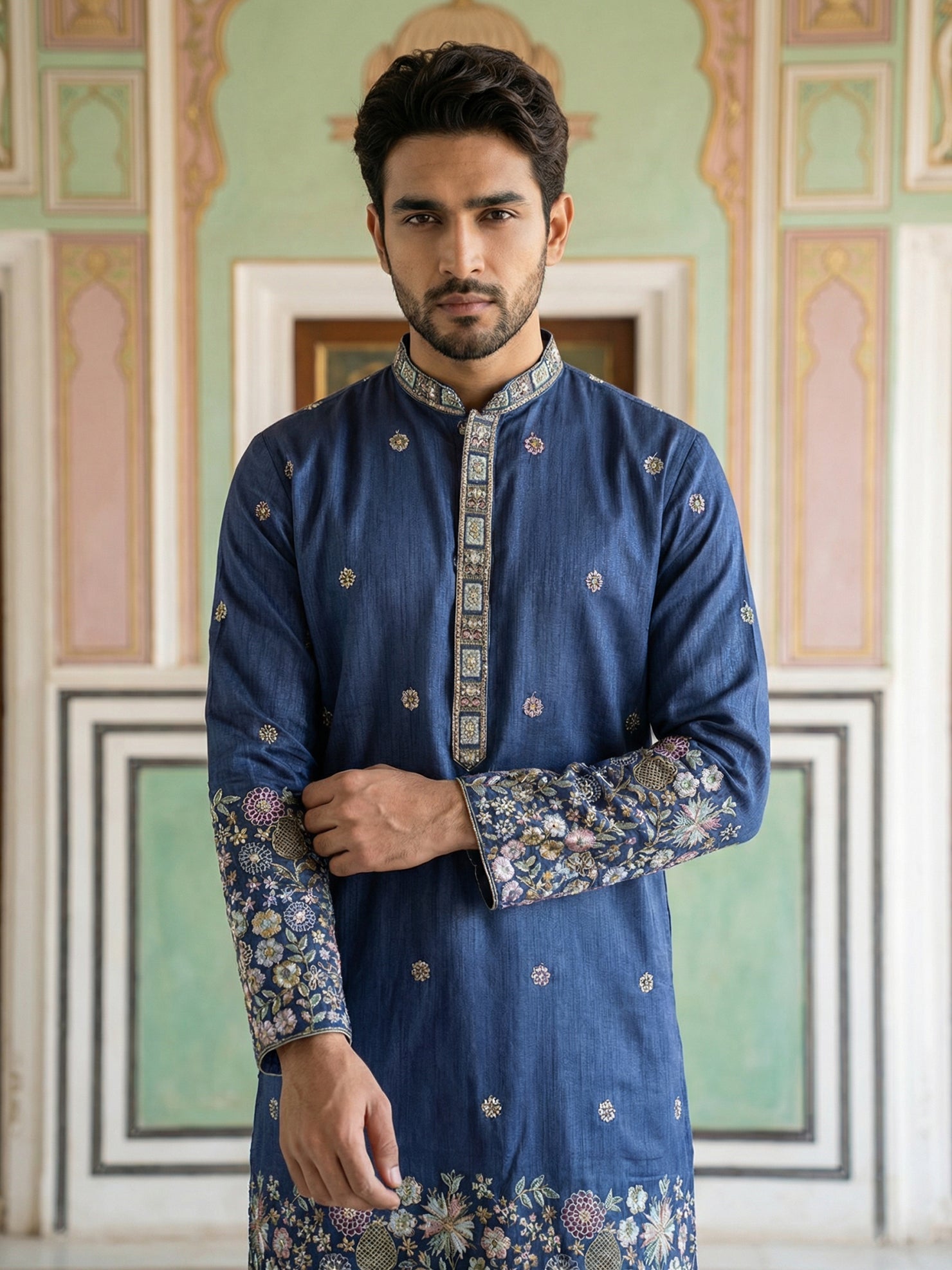 DesiQlo Men Embroidered Kurta Pyjama Set - Blue - 65KP_P_5466Navy_S
