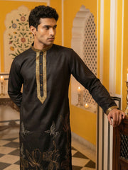 Men Embroidered Silk Blend Kurta Set ( 65KP B-P 5467Black S )