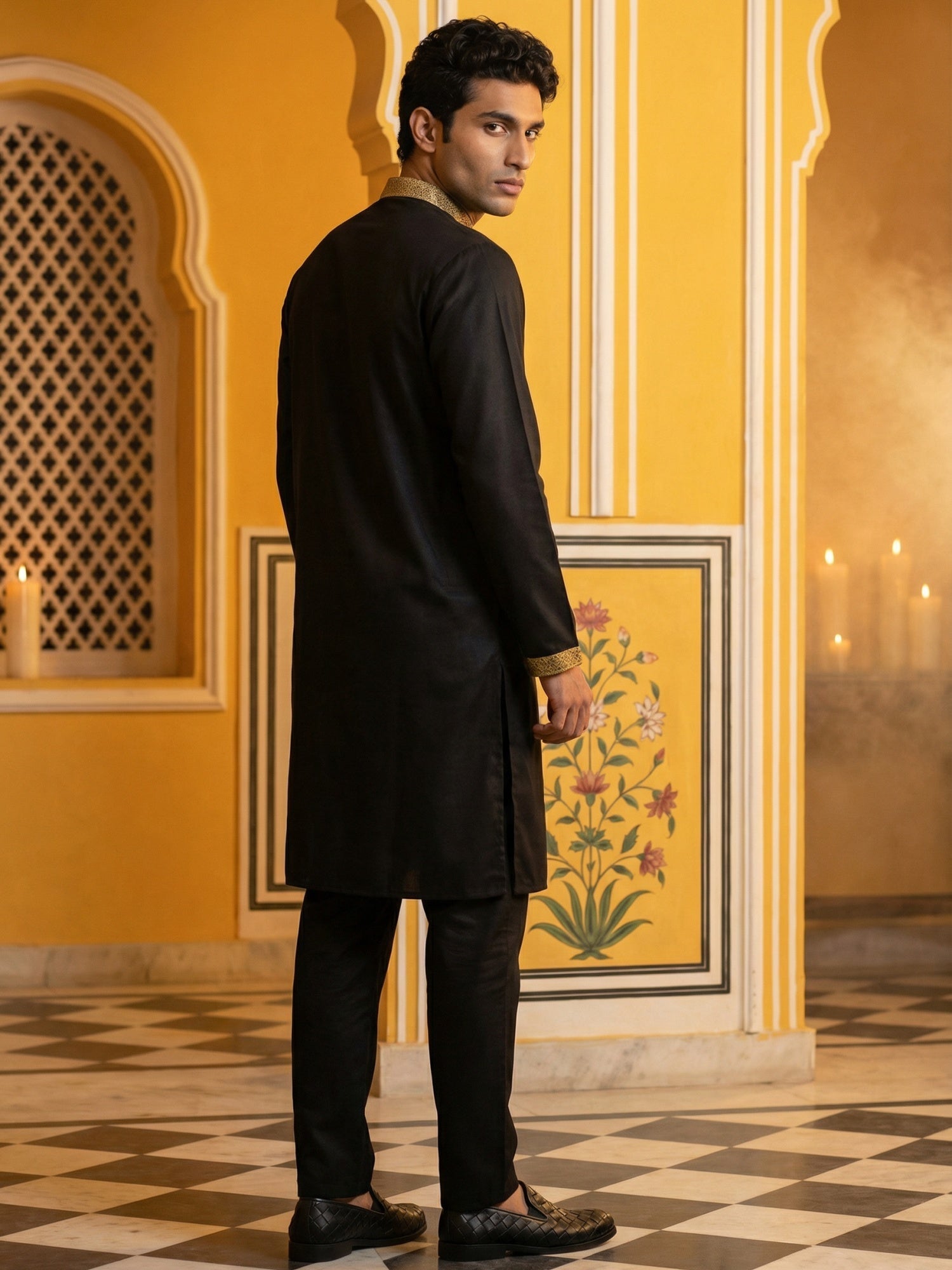 DesiQlo Men Embroidered Kurta Pyjama Set - Black - 65KP_B-P_5467Black_