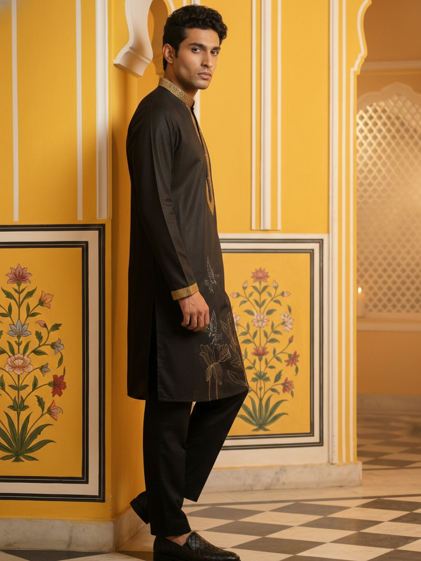 DesiQlo Men Embroidered Kurta Pyjama Set - Black - 65KP_B-P_5467Black_