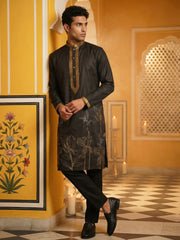 Men Embroidered Silk Blend Kurta Set ( 65KP B-P 5467Black S )