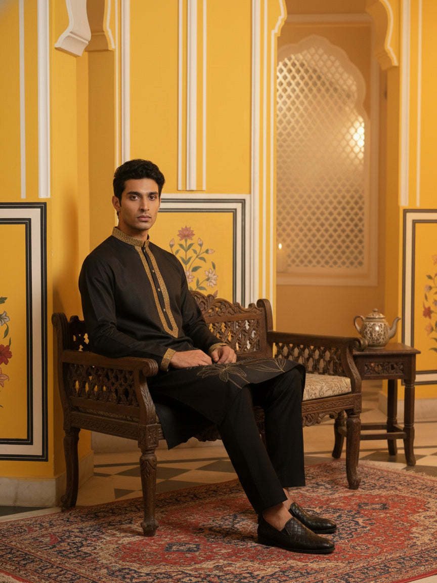 DesiQlo Men Embroidered Kurta Pyjama Set - Black - 65KP_B-P_5467Black_