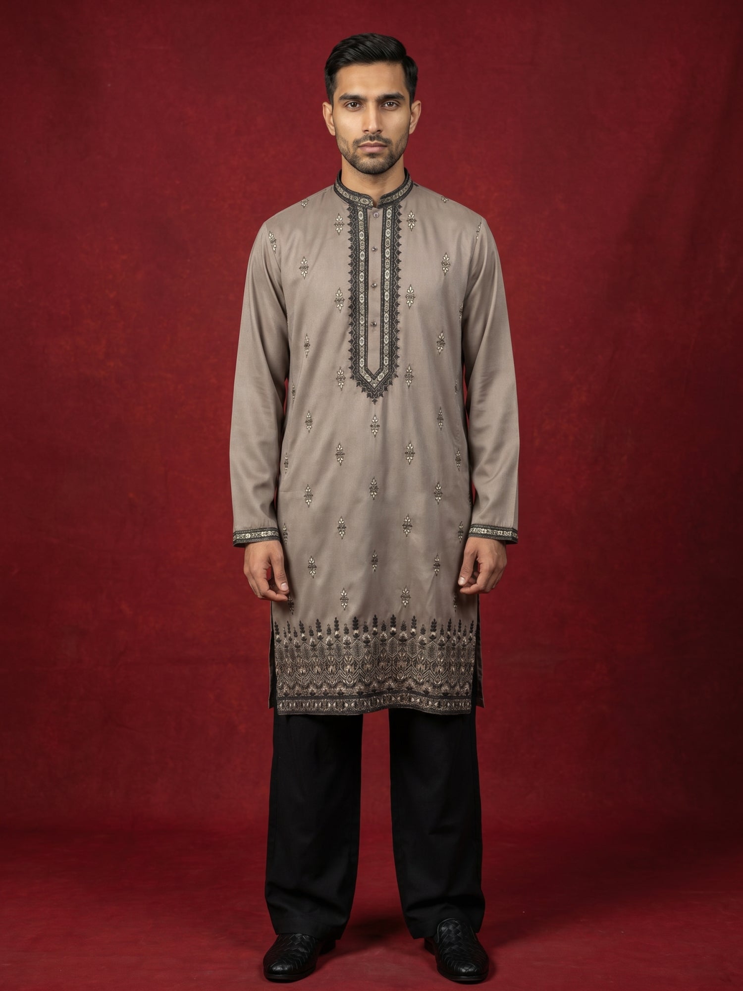 DesiQlo Men Embroidered Kurta Pyjama Set - Brown - 65KP_PJ11B_5468Brow