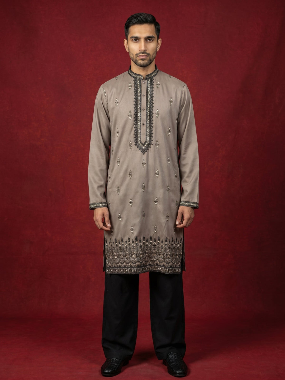 Men Embroidered Silk Blend Kurta with Korean Pants ( 65KP PJ11B 5468Brown )