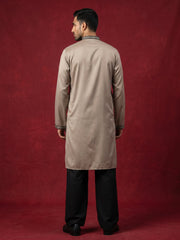 Men Embroidered Silk Blend Kurta with Korean Pants ( 65KP PJ11B 5468Brown )