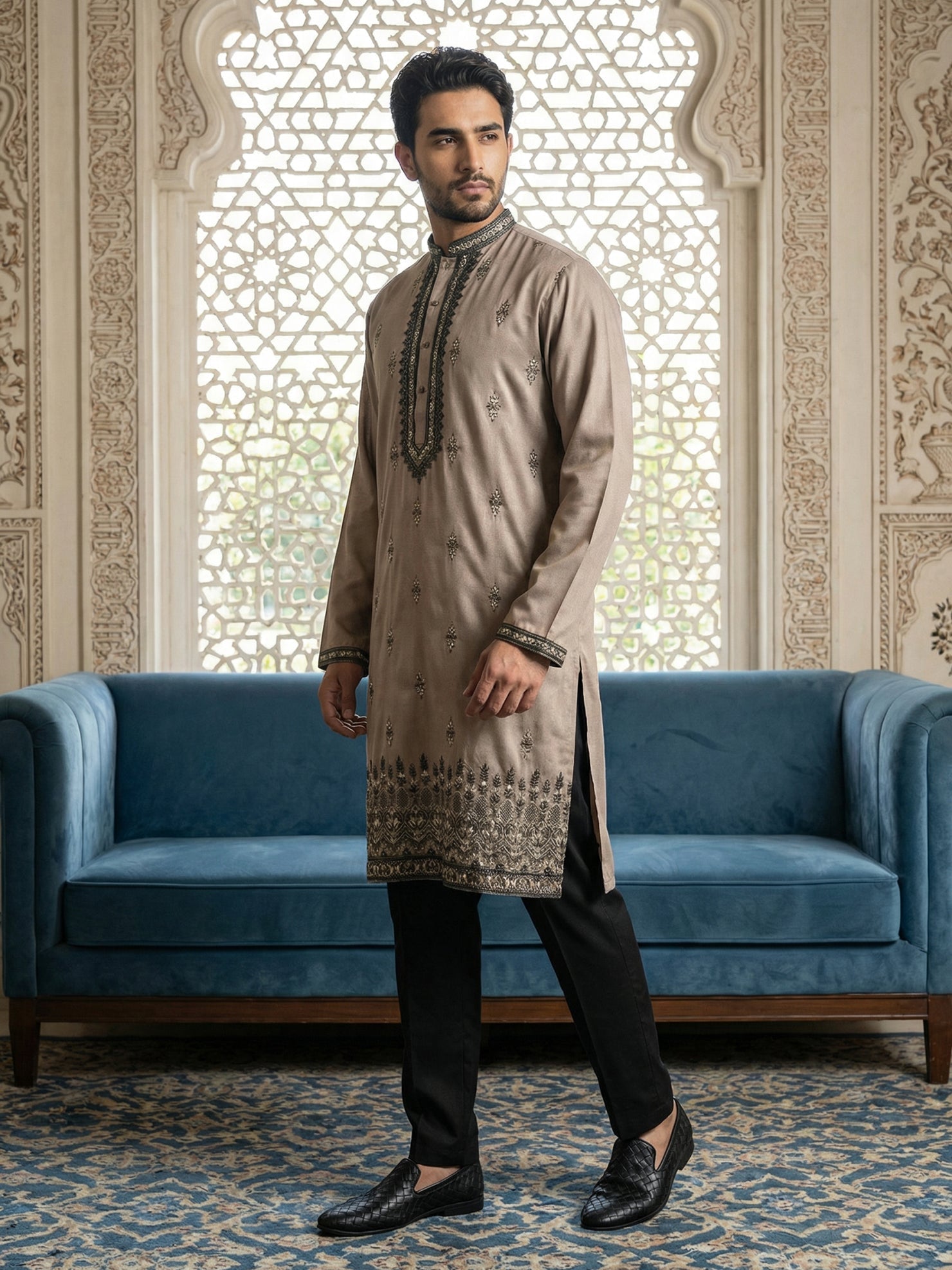 DesiQlo Men Embroidered Kurta Pyjama Set - Brown - 65KP_B-P_5468Brown_