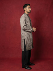 Men Embroidered Silk Blend Kurta with Korean Pants ( 65KP PJ11B 5468Brown )