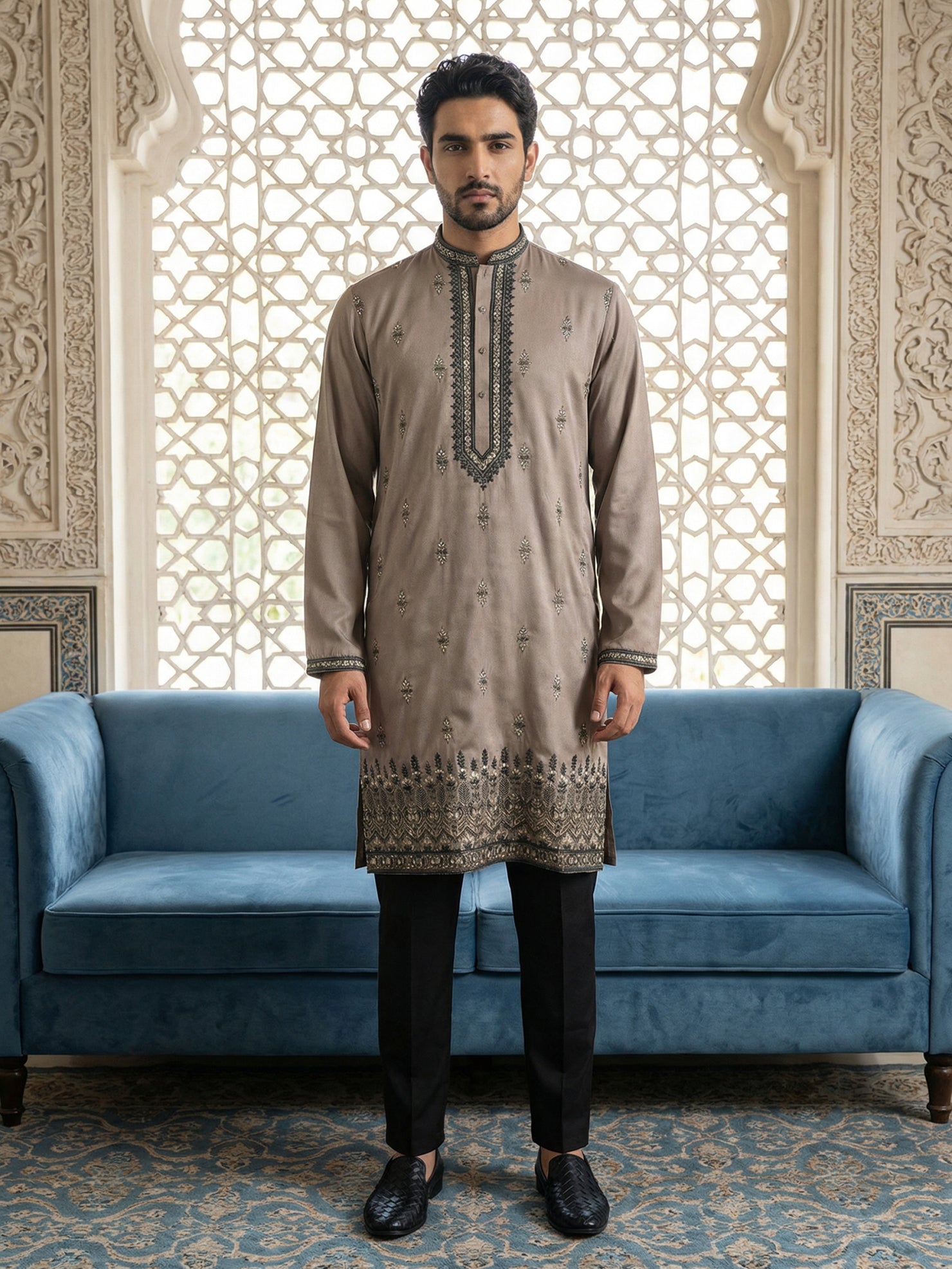 DesiQlo Men Embroidered Kurta Pyjama Set - Brown - 65KP_B-P_5468Brown_