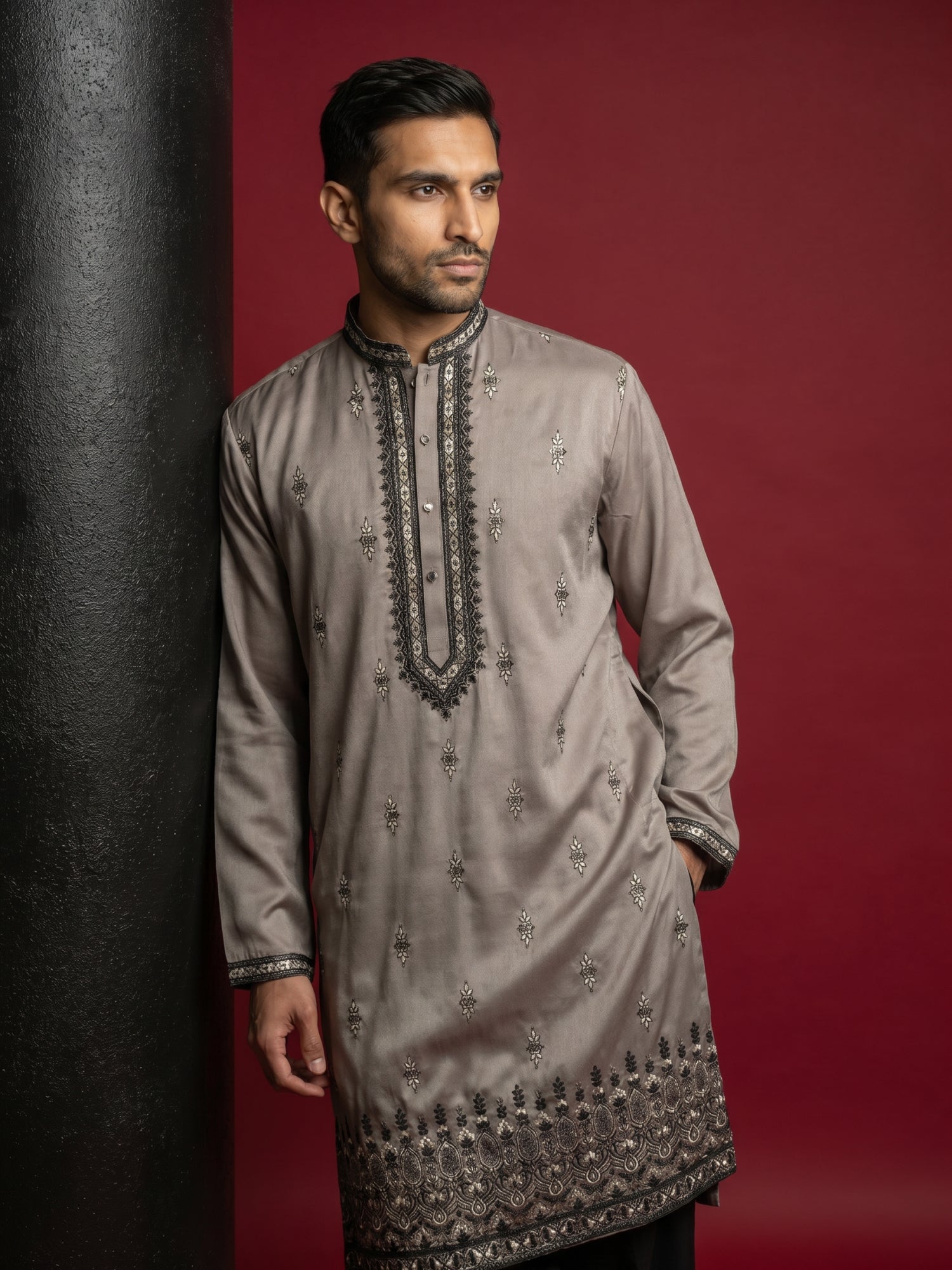 DesiQlo Men Embroidered Kurta Pyjama Set - Brown - 65KP_PJ11B_5468Brow
