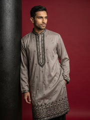 Men Embroidered Silk Blend Kurta with Korean Pants ( 65KP PJ11B 5468Brown )