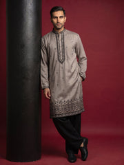 Men Embroidered Silk Blend Kurta with Korean Pants ( 65KP PJ11B 5468Brown )