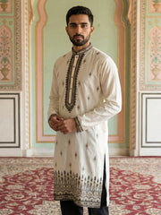 Men Embroidered Silk Blend Kurta Set ( 65KP B-P 5468White S )