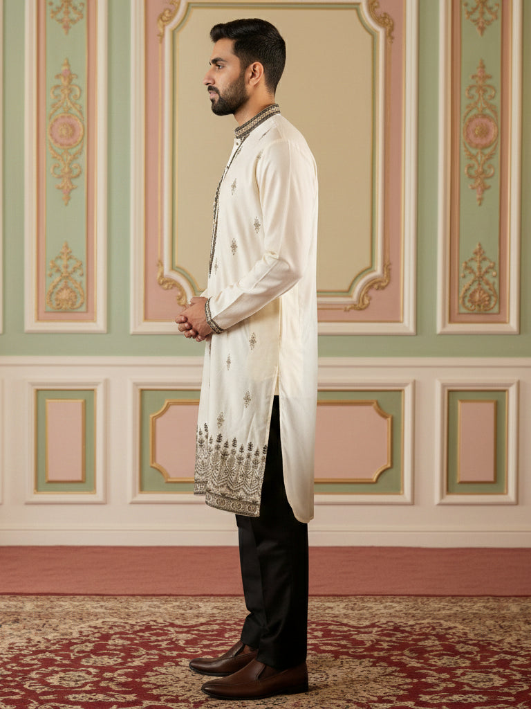 DesiQlo Men Embroidered Kurta Pyjama Set - White - 65KP_B-P_5468White_