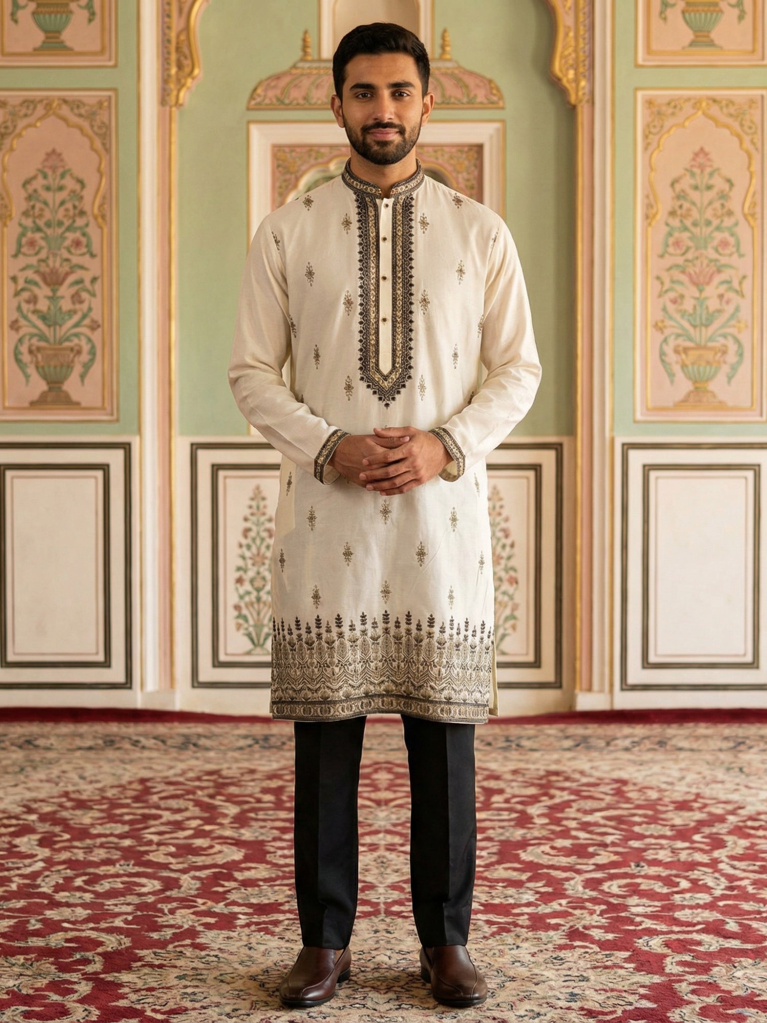 DesiQlo Men Embroidered Kurta Pyjama Set - White - 65KP_B-P_5468White_