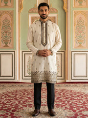 Men Embroidered Silk Blend Kurta Set ( 65KP B-P 5468White S )